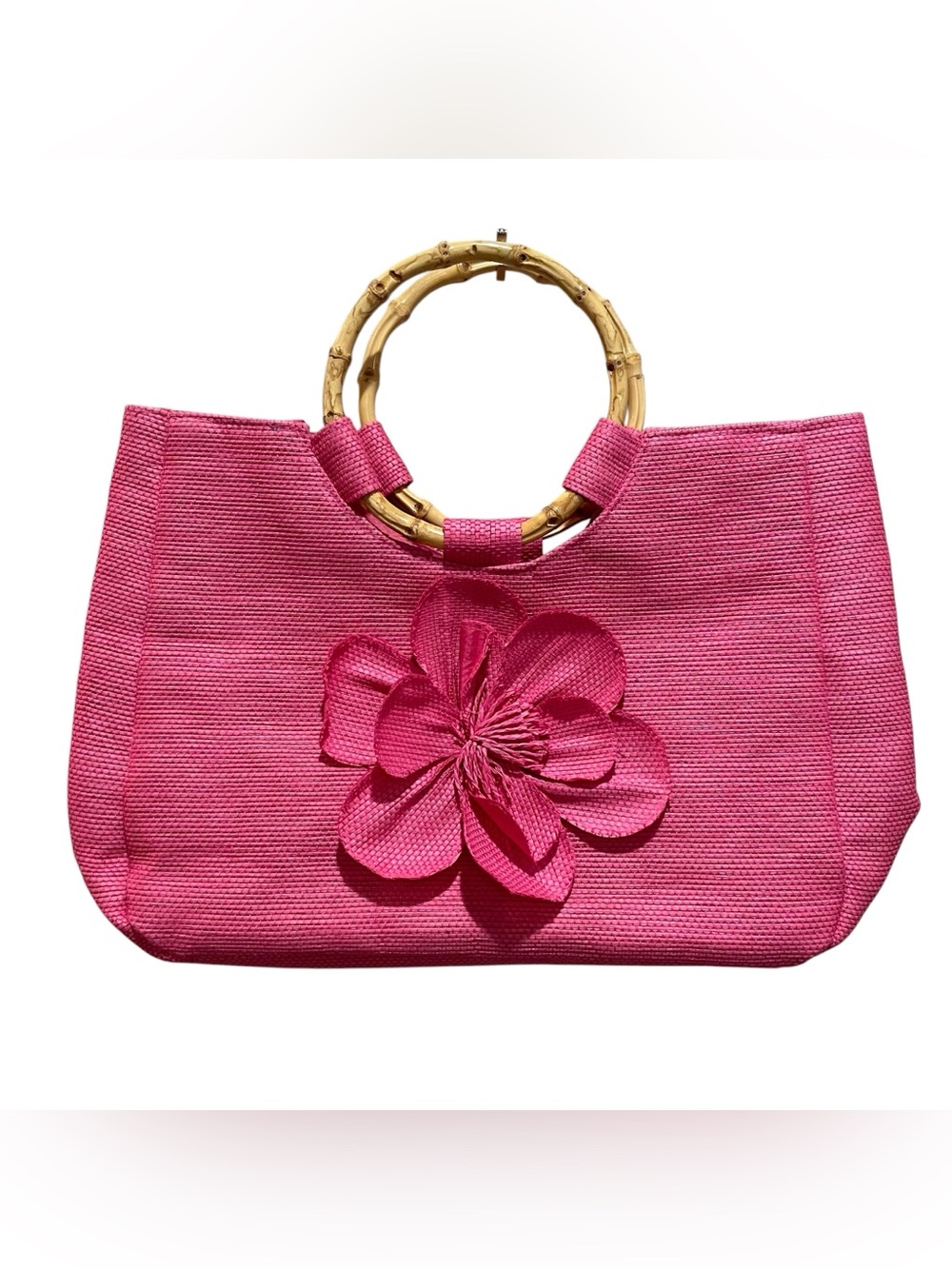 Neiman Marcus Straw Raffia Tote Bag Pink Bamboo Handle Floral Applique Handbag